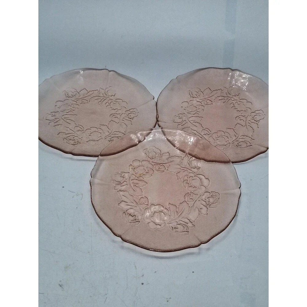 Set Of 3 Vtg Arcoroc France Rosaline Floral Pink Glass Salad Plates